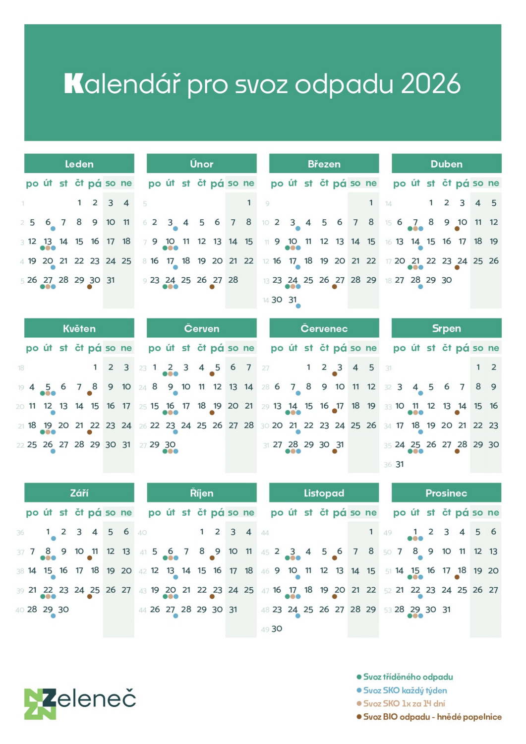 Kalendar svozu odpadu 2026